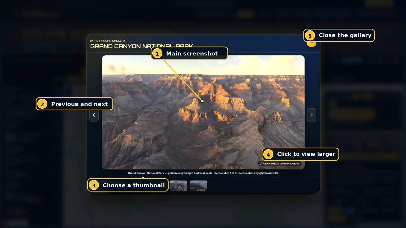 Annotated PG Hangar gallery showing the main image, navigation arrows, thumbnails and enlarge control
