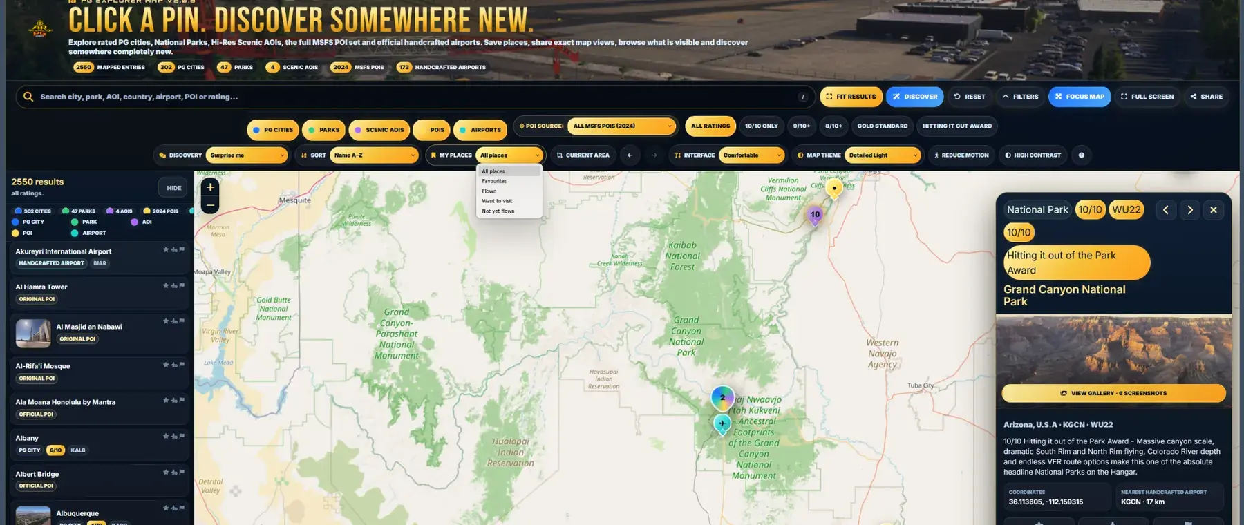 PG Explorer Map showing Grand Canyon National Park and the My Places menu
