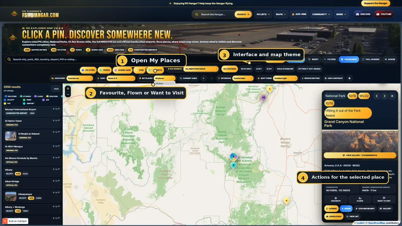 Annotated Explorer Map showing My Places, map themes and selected location actions