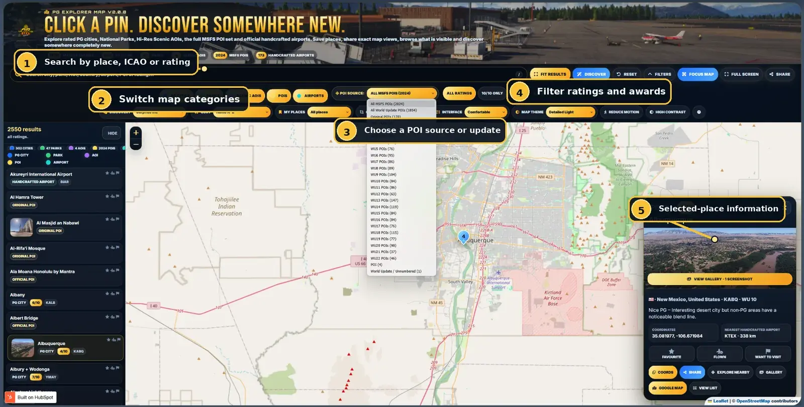 Annotated Explorer Map showing the search box, category buttons, POI source selector and rating filters
