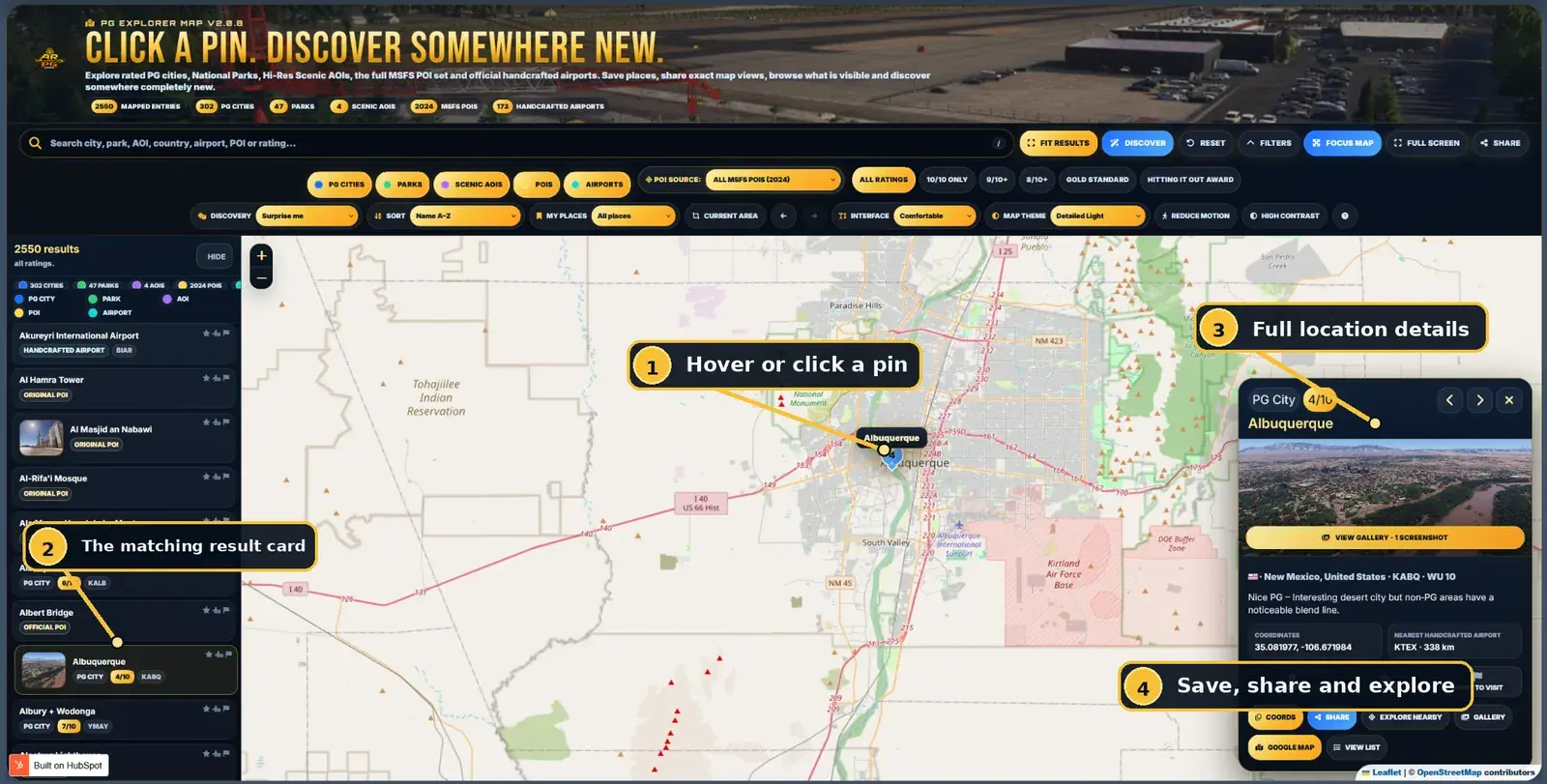 Annotated Explorer Map showing a selected Albuquerque pin, result card and full location panel