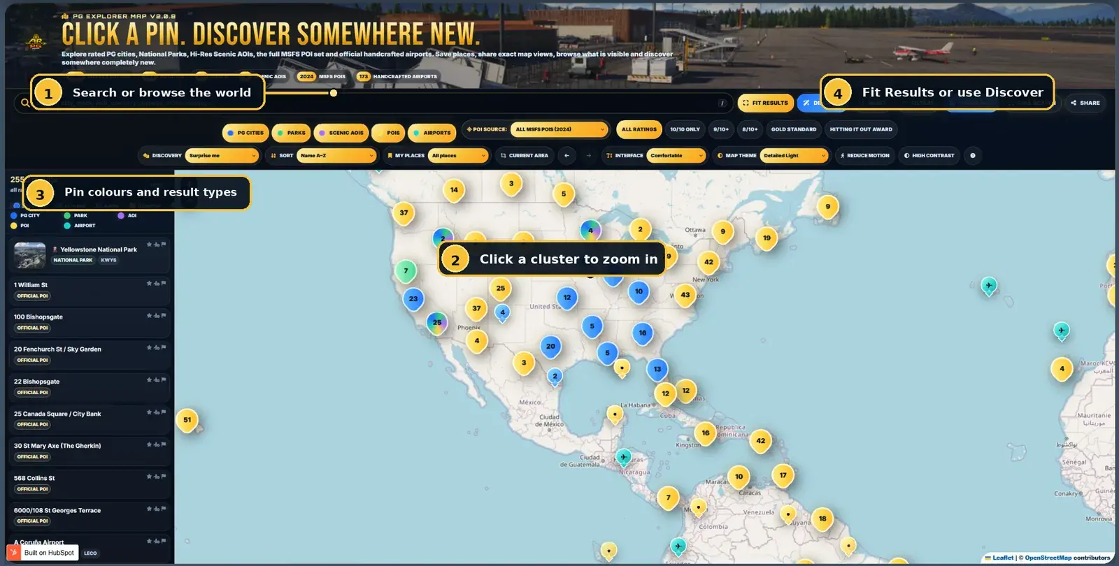 Annotated PG Explorer world map showing search, clusters, pin colours and discovery controls